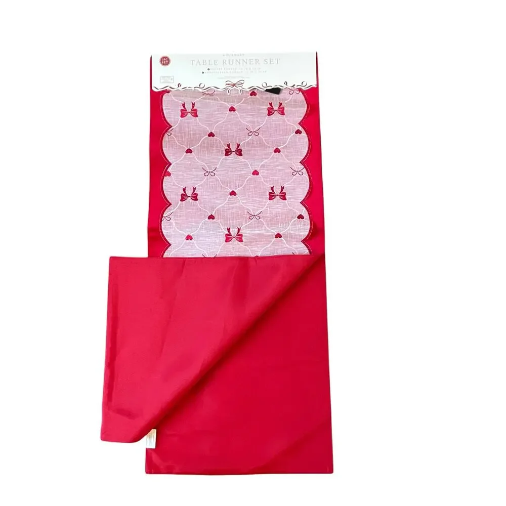 2pc Velvet Valentines Day Table Runner Bows Hearts Red & White by Envogue New